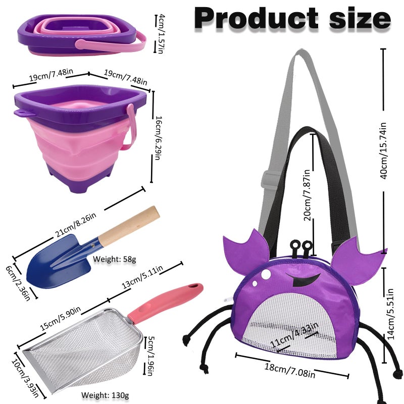 YOOLEETC 4PCS Beach Toy Mesh Shovel and Mesh Beach Bag Seashell Bag with Foldable Beach Bucket & Shovel for Sand Filter & Collect Shells (Purple Crab - Image 2